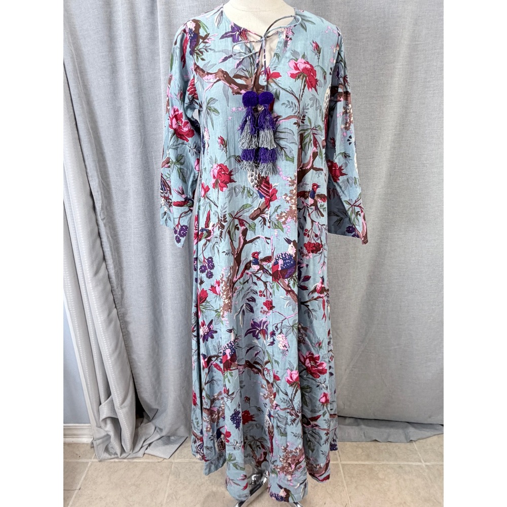 Guadalupe Floral Bird Print Cotton Maxi Kaftan Dress Tassel Pom Pom Womens M